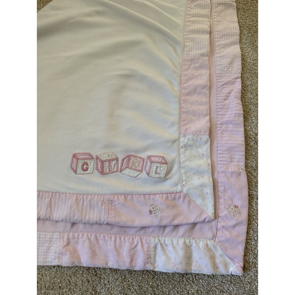 Vintage 2002 Gymboree Baby Girl Blanket Pink White Patchwork Embroidered Blocks